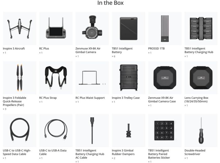 DJI Inspire 3 Professional Cinema Drone Combo with Zenmuse X9-8K Air Gimbal Camera, RC Plus Controller, 6x TB51 Intelligent Batteries, 1TB PROSSD, and Trolley Case