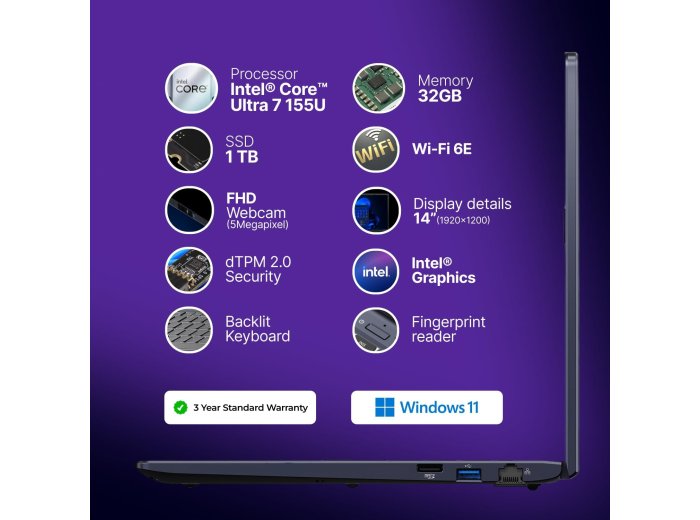 dynabook Tecra A40-M 14" WUXGA Business Laptop, Intel Core Ultra 7 155U, 32GB DDR5, 1TB PCIe SSD, Windows 11 Pro, Wi-Fi 6E, Thunderbolt 4, 5MP AI Webcam, Fingerprint
