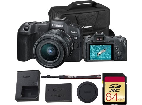 Canon EOS R8 Mirrorless Camera – 24.2MP Full-Frame RF Camera with 4K 60p Video, Dual Pixel AF II & Lightweight Design (with 24–50mm Kit) (5803C012) + 64GB Memory Card + Canon Shoulder Bag