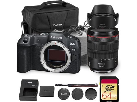 Canon EOS R8 Mirrorless Camera | 24.2MP Full Frame Sensor 4K 60p Video | Compact Lightweight Hybrid Camera for Travel and Content (5803C002) + Canon RF 24-105mm Lens + 64GB Card + Bag