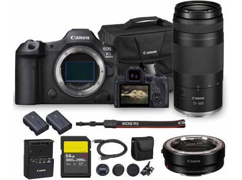 Canon EOS R5 Mark II Mirrorless Camera | 45MP Full Frame Sensor 8K Video Recording | Advanced IBIS Autofocus for Professional Creators (6536C002) + Canon RF 75-300mm Lens + Adapter EF-EOS R + More