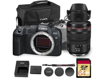 Canon EOS R8 Mirrorless Camera | 24.2MP Full Frame Sensor 4K 60p Video | Compact Lightweight Hybrid Camera for Travel and Content (5803C002) + Canon RF 24-105mm Lens + 64GB Card + Bag